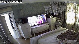Big tits British brunette wife rubs her pussy while watching shemale porn