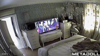 Big tits British brunette wife rubs her pussy while watching shemale porn