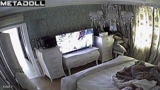 Big tits British brunette wife rubs her pussy while watching shemale porn