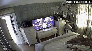 Big tits British brunette wife rubs her pussy while watching shemale porn