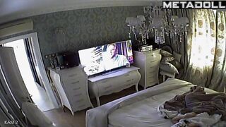 Big tits British brunette wife rubs her pussy while watching shemale porn