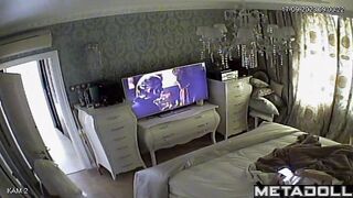 Big tits British brunette wife rubs her pussy while watching shemale porn
