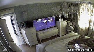 Big tits British brunette wife rubs her pussy while watching shemale porn