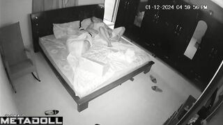Single brunette wife is masturbating alone in her bed spy cam