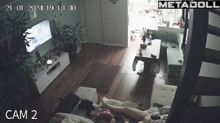 Chubby busty brunette mom rubs her clitoris while watching porn voyeur cam