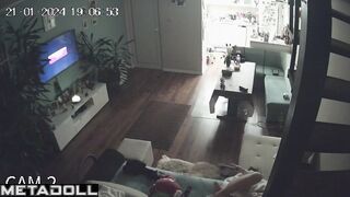 Chubby busty brunette mom rubs her clitoris while watching porn voyeur cam