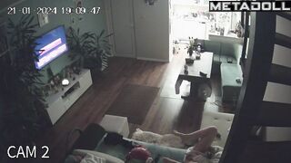 Chubby busty brunette mom rubs her clitoris while watching porn voyeur cam