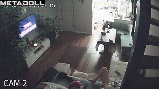 Chubby busty brunette mom rubs her clitoris while watching porn voyeur cam