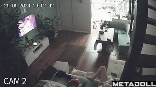 Chubby busty brunette mom rubs her clitoris while watching porn voyeur cam