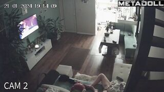 Chubby busty brunette mom rubs her clitoris while watching porn voyeur cam