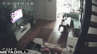 Chubby busty brunette mom rubs her clitoris while watching porn voyeur cam