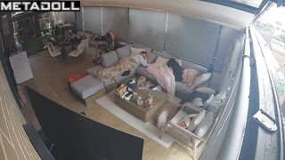 Chubby brunette pleasing herself next to her sleepy boy