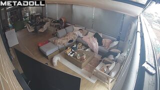 Chubby brunette pleasing herself next to her sleepy boy