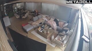 Chubby brunette pleasing herself next to her sleepy boy