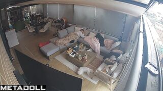 Chubby brunette pleasing herself next to her sleepy boy