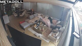 Chubby brunette pleasing herself next to her sleepy boy