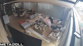 Chubby brunette pleasing herself next to her sleepy boy