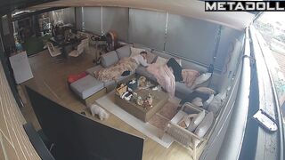 Chubby brunette pleasing herself next to her sleepy boy