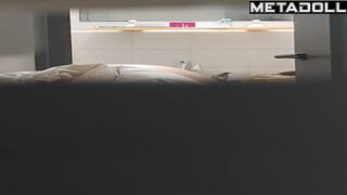 Busty brunette wiping her body after a shower, solo