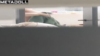 Busty brunette wiping her body after a shower, solo