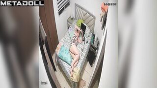 Girl relaxing lying on bed and chatting with ex-boy
