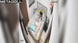 Girl relaxing lying on bed and chatting with ex-boy