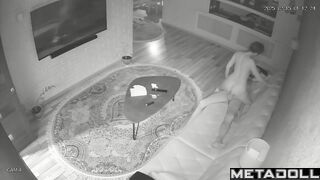 Skinny couple playing with each other on a leather sofa