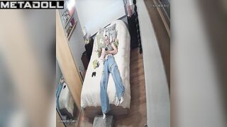 Young lady masturbating without taking off her jeans