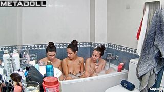 Playful besties taking shower together and smoking there