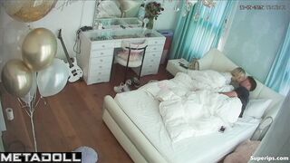 Boyfriend stays in the blonde's bedroom and plays with her wet cunt