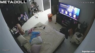 Naked milf watching gangbang porn and masturbating