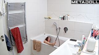 Sexy lady in perfect fit masturbating under running water