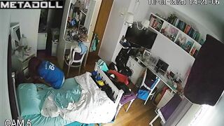 Young lady dressing her new bikini, home hidden tape