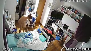 Young lady dressing her new bikini, home hidden tape