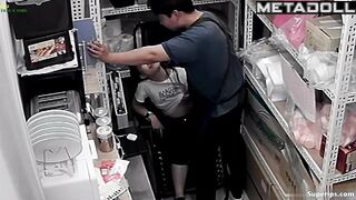 Asian couple fucking fast in a warehouse, look at this