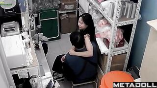 Asian couple fucking fast in a warehouse, look at this