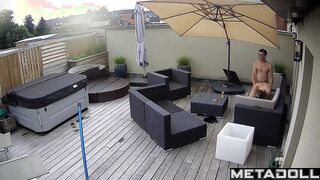 It's raining and they are enjoying each other on the balcony