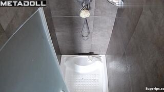 Naked asian beauty doing her morning routine in the bathroom