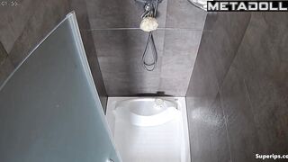 Naked asian beauty doing her morning routine in the bathroom