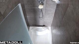 Naked asian beauty doing her morning routine in the bathroom