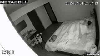 The awakened brunette sleepily sits on her bald husband's cock
