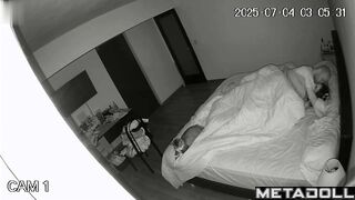 The awakened brunette sleepily sits on her bald husband's cock