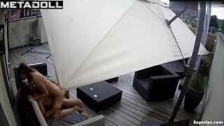 Spouses fucking on veranda, not knowing an eavesdropper listened near