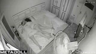 Bearded guy versus his sexy wife in the cozy bed, look