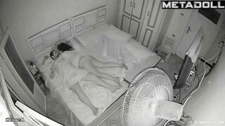 Bearded guy versus his sexy wife in the cozy bed, look