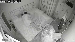 Bearded guy versus his sexy wife in the cozy bed, look