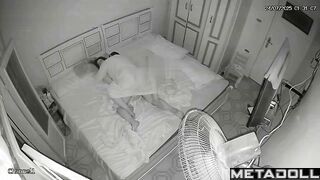 Bearded guy versus his sexy wife in the cozy bed, look