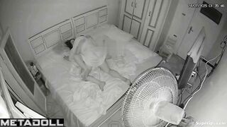 Bearded guy versus his sexy wife in the cozy bed, look