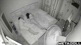 Bearded guy versus his sexy wife in the cozy bed, look