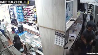 A seductive saleswoman sexually satisfies a security guard